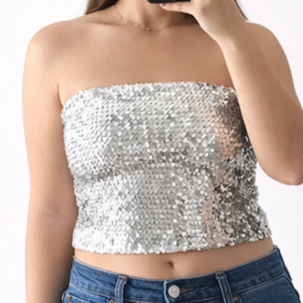 Silver Sequin Crop Tube Top